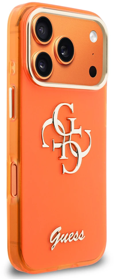 Guess IML 4G Script Metal Logo dėklas skirtas Apple iPhone 17 Pro Oranžinis