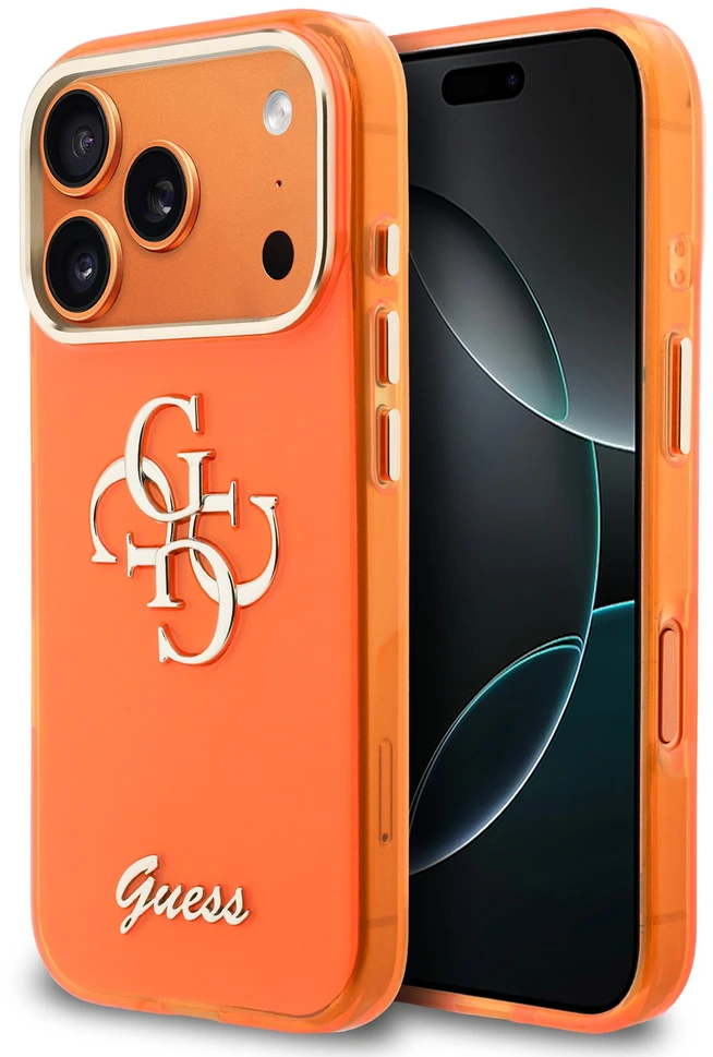 Guess IML 4G Script Metal Logo dėklas skirtas Apple iPhone 17 Pro Oranžinis