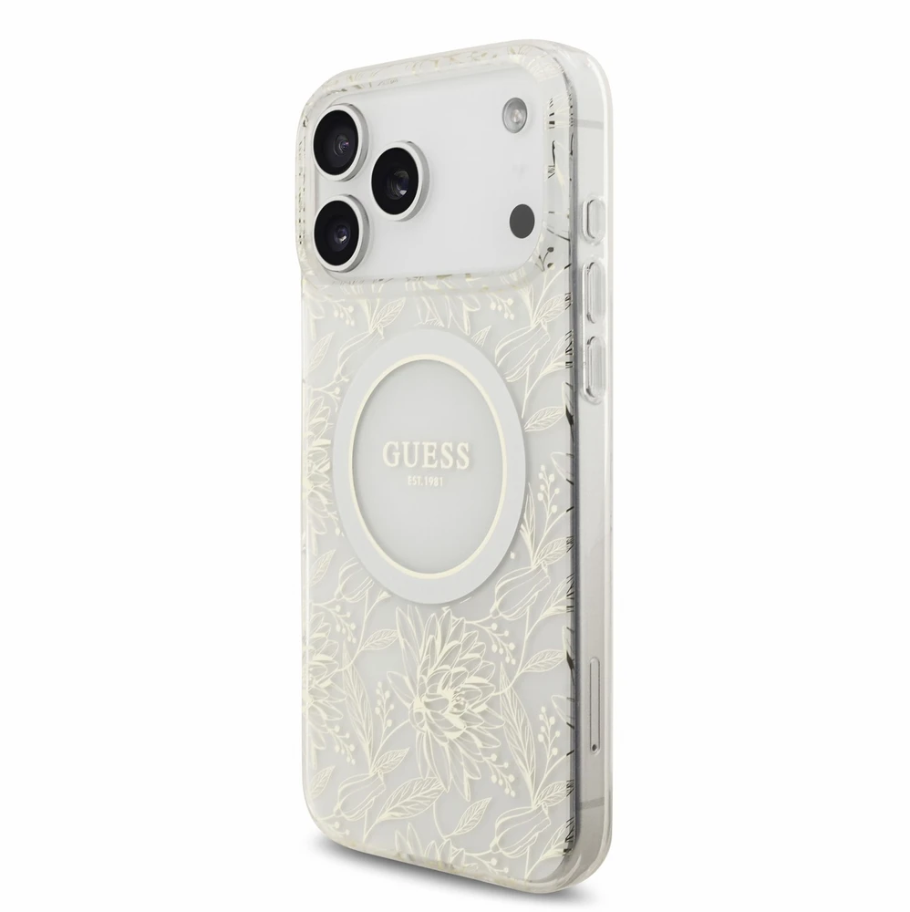 Dėklas Guess IML Flowers Allover Electroplated with Pearl Strap MagSafe do iPhone 18 Pro Max / 17 Pro Max balta