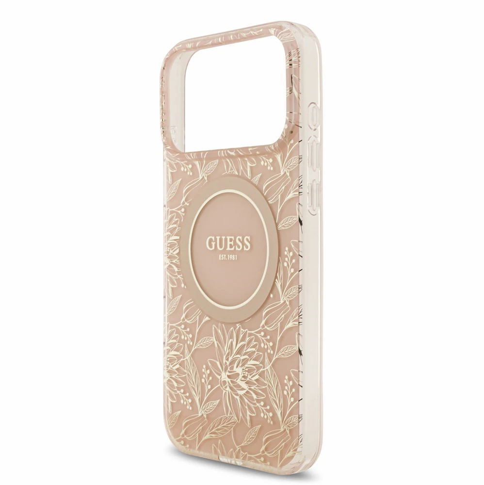 Dėklas Guess IML Flowers Allover Strap MagSafe Case for iPhone 18 Pro Max Rožinė