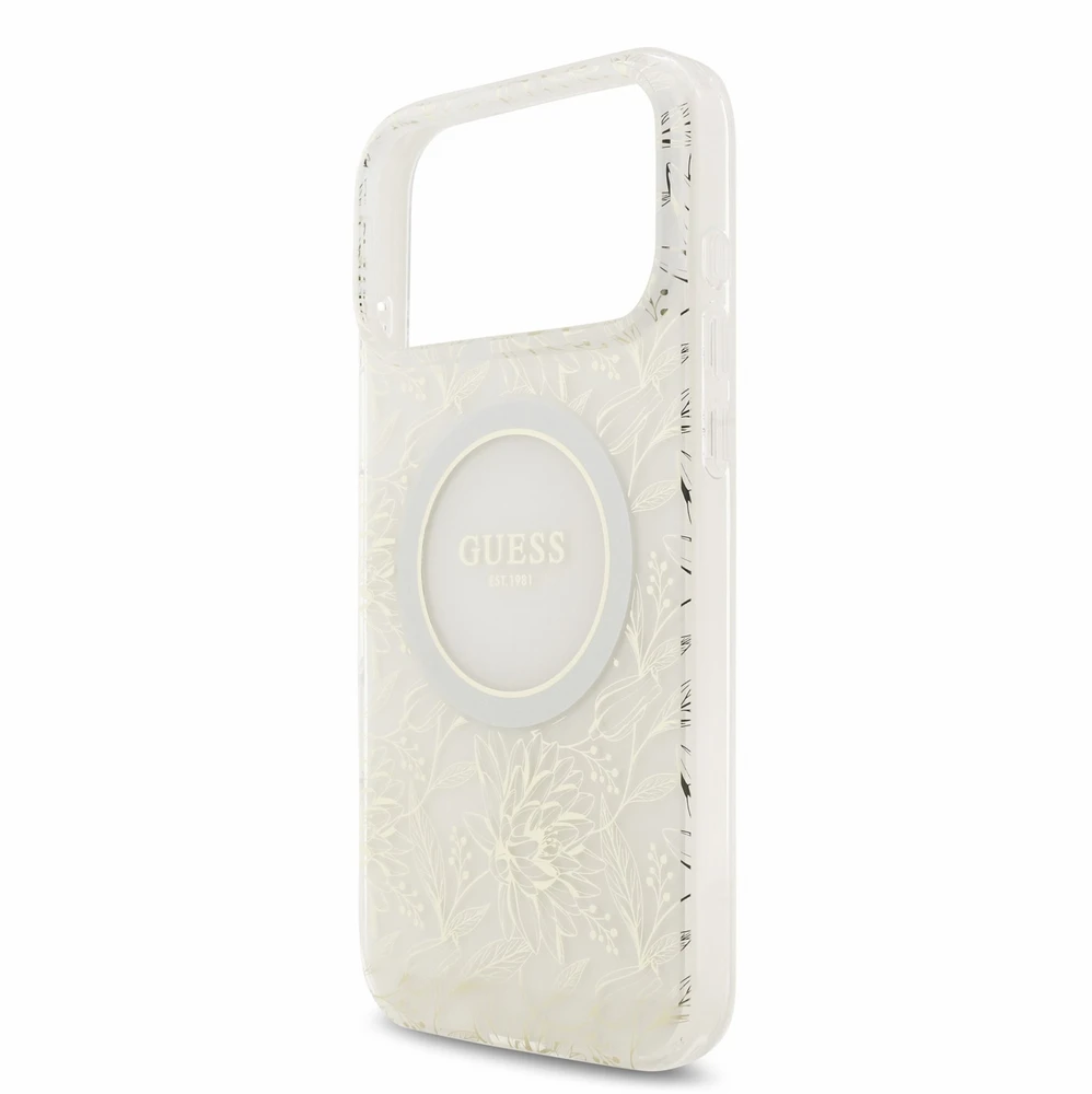 Dėklas Guess IML Flowers Allover Electroplated with Pearl Strap MagSafe do iPhone 18 Pro Max / 17 Pro Max balta