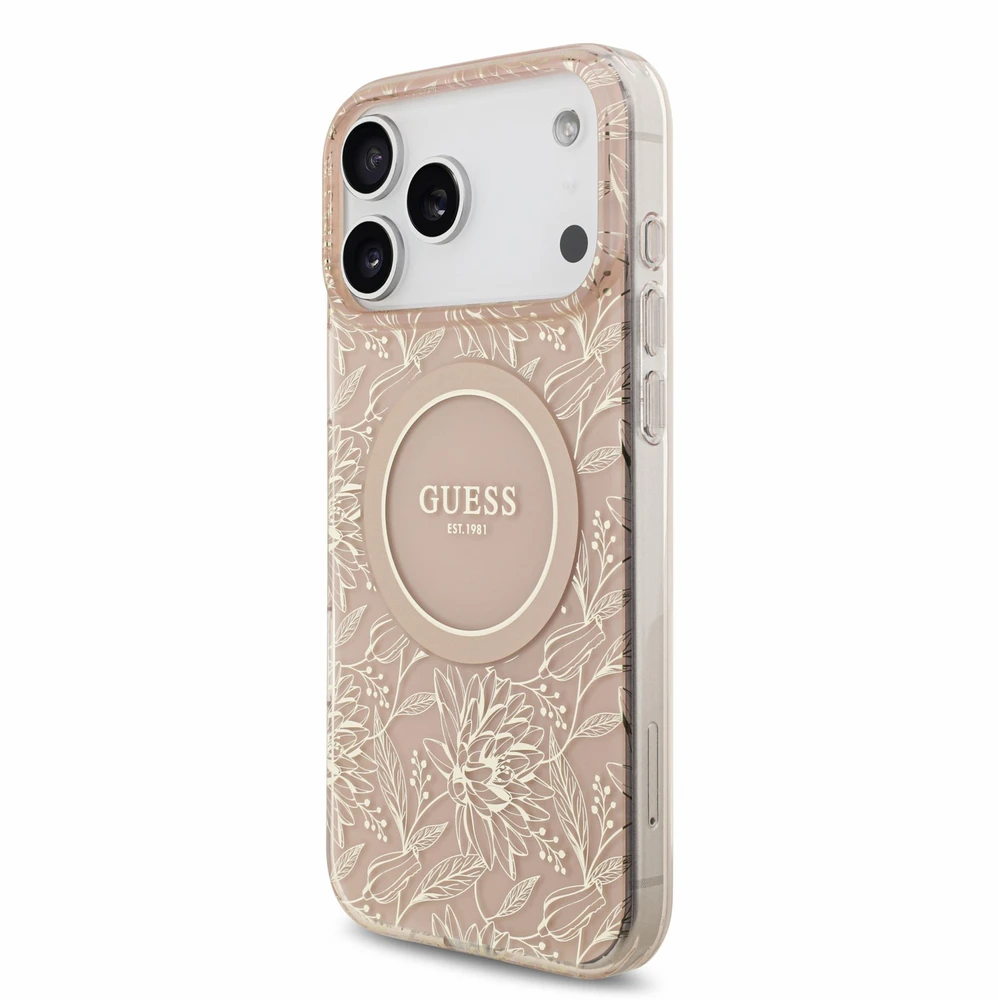 Dėklas Guess IML Flowers Allover Strap MagSafe Case for iPhone 18 Pro Max Rožinė