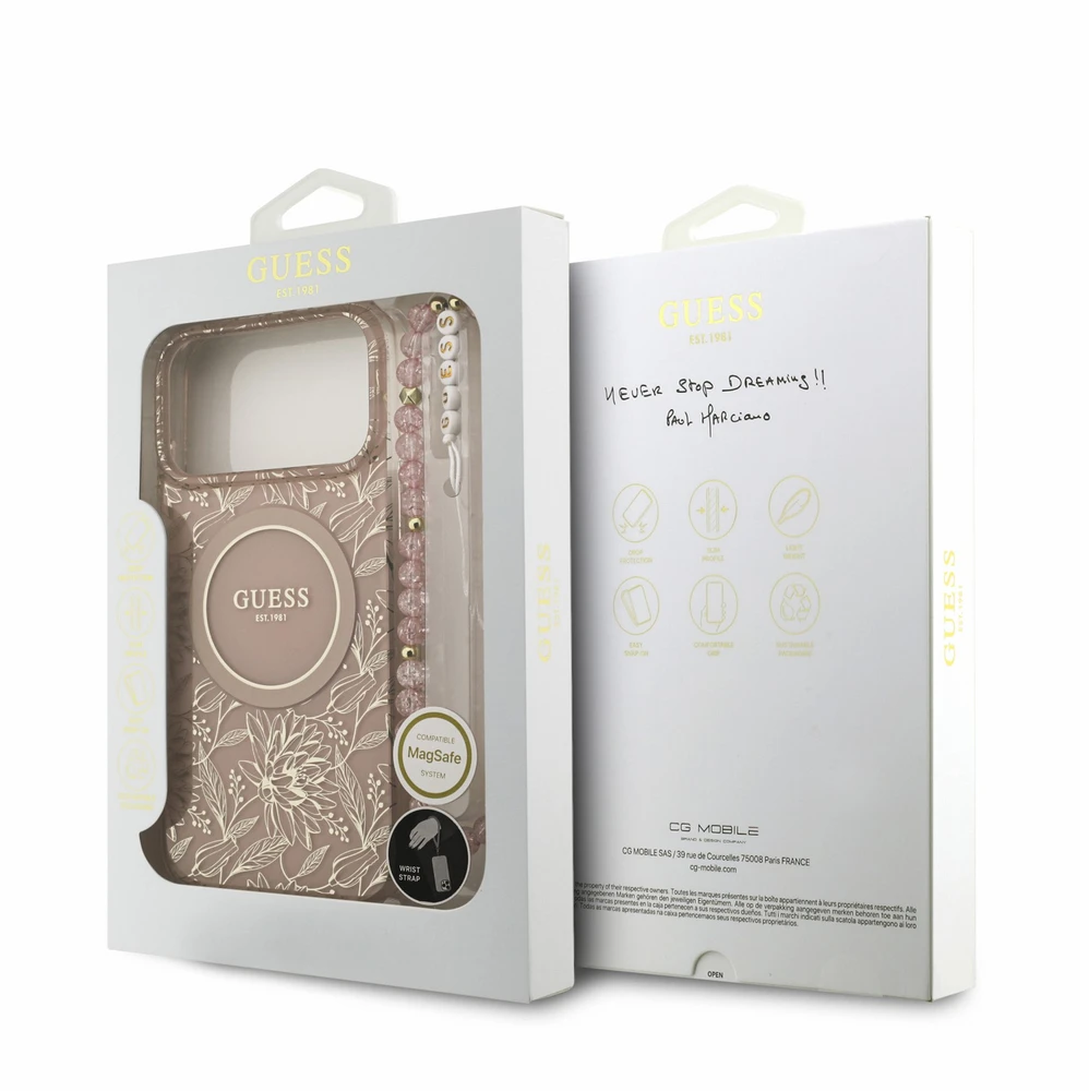 Dėklas Guess IML Flowers Allover Strap MagSafe Case for iPhone 18 Pro Max Rožinė
