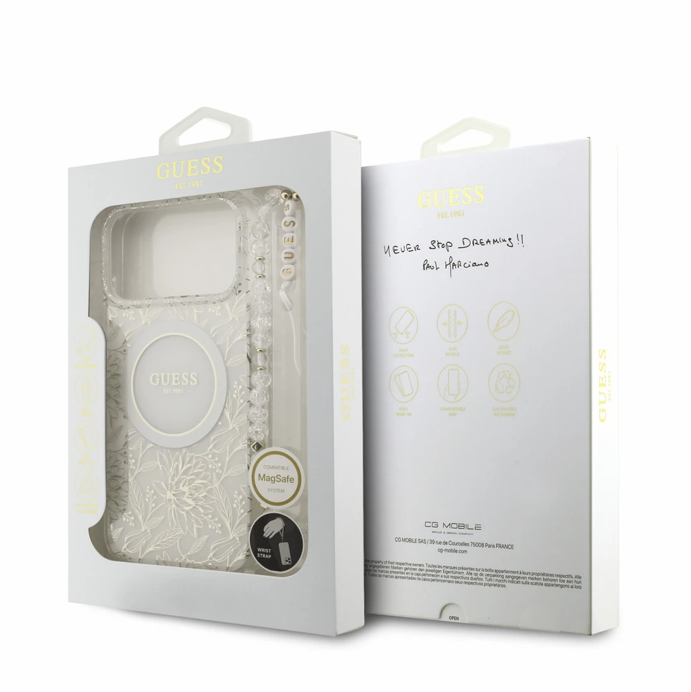 Dėklas Guess IML Flowers Allover Electroplated with Pearl Strap MagSafe do iPhone 18 Pro Max / 17 Pro Max balta