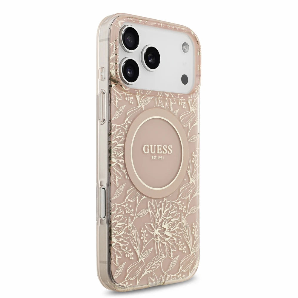 Dėklas Guess IML Flowers Allover Strap MagSafe Case for iPhone 18 Pro Max Rožinė