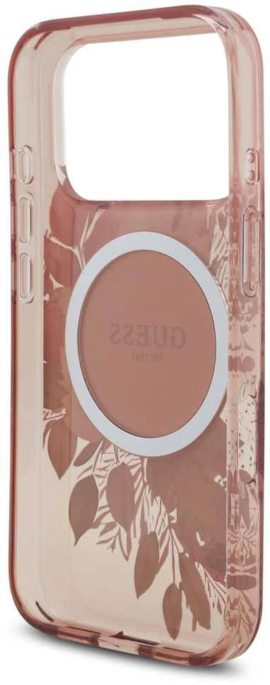 Guess IML Flowers virvelė MagSafe dėklas skirtas Apple iPhone 17 Pro rožinės spalvos
