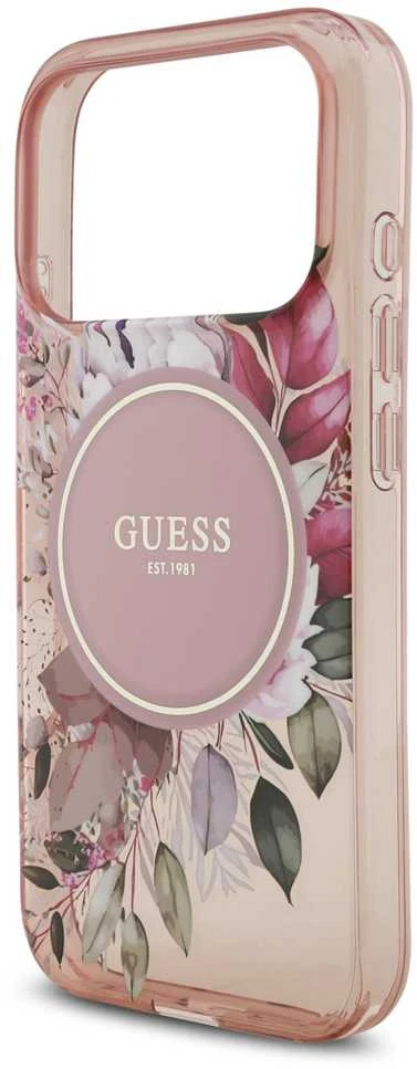 Guess IML Flowers virvelė MagSafe dėklas skirtas Apple iPhone 17 Pro rožinės spalvos