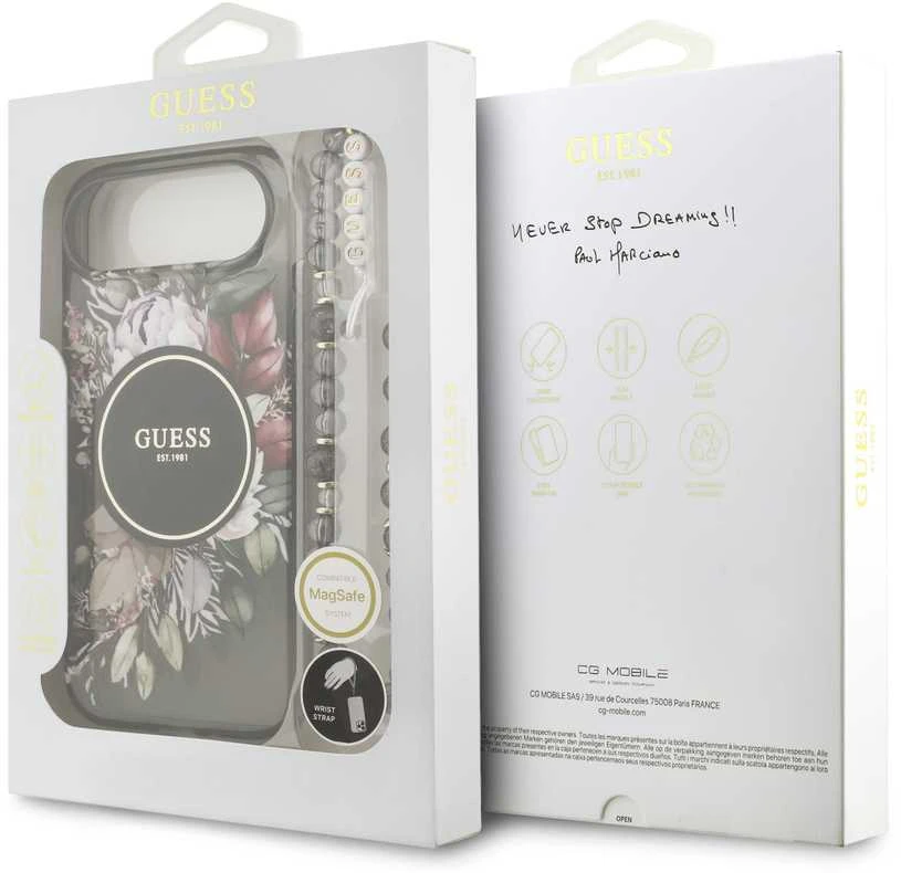 Guess IML Flowers Strap MagSafe dėklas skirtas Apple iPhone Air juodos spalvos