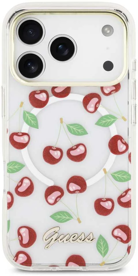 Guess IML Glitter Cherry MagSafe dėklas skirtas iPhone 17 Pro