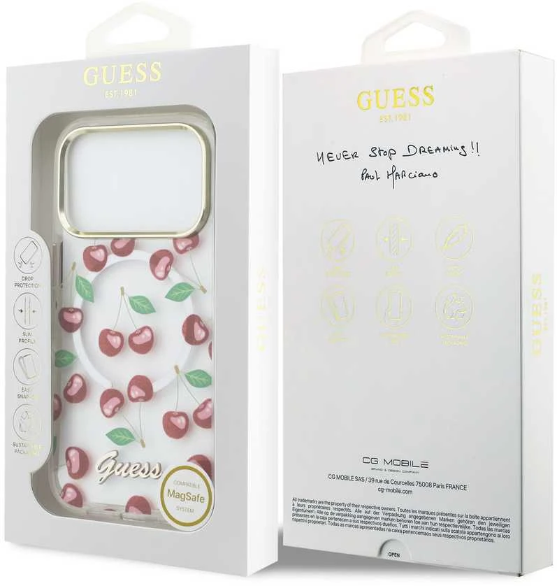 Guess IML Glitter Cherry MagSafe dėklas skirtas iPhone 17 Pro