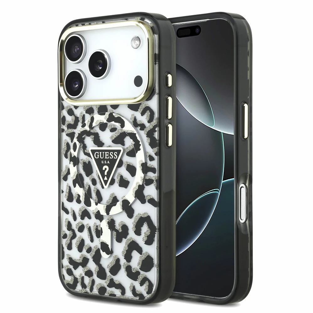 Dėklas Guess IML Leopard Glitter Triangle Logo MagSafe Case for iPhone 17 Pro Max / 18 Pro Max - Juoda