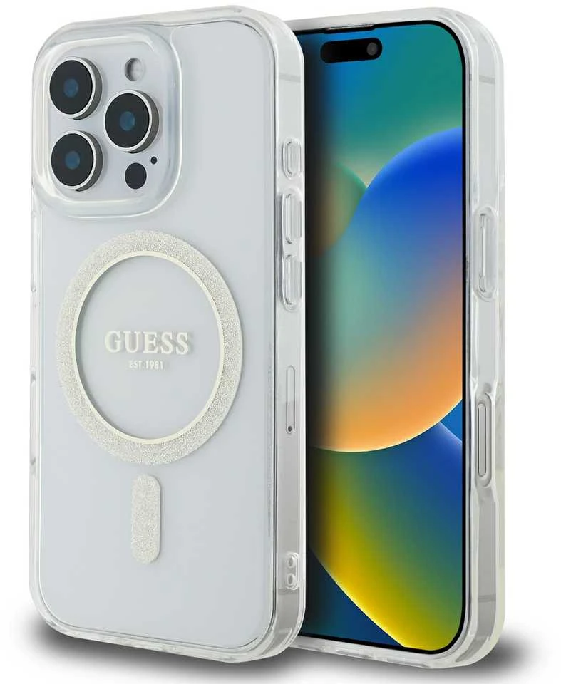 Guess GUHMP16LHFGERET Apple iPhone 16 Pro 6.3″ skaidrus kietas dėklas IML Glitter Circle MagSaf