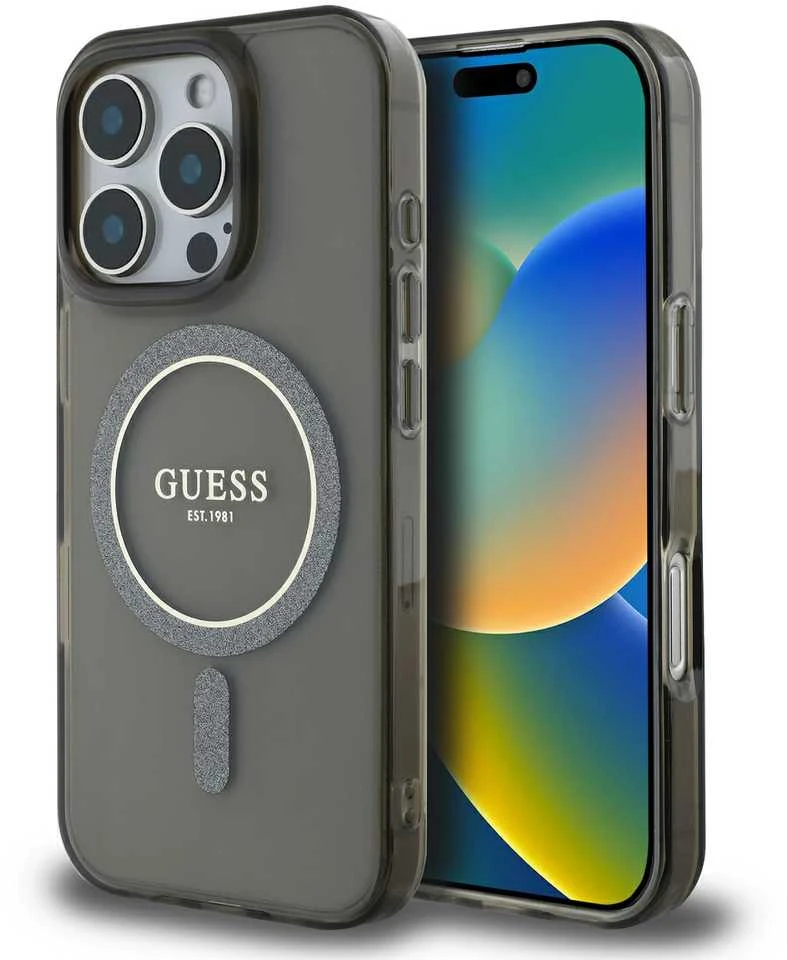 Guess IML Glitter Ring MagSafe Apple iPhone 16 Pro Max dėklas telefonui juodos spalvos