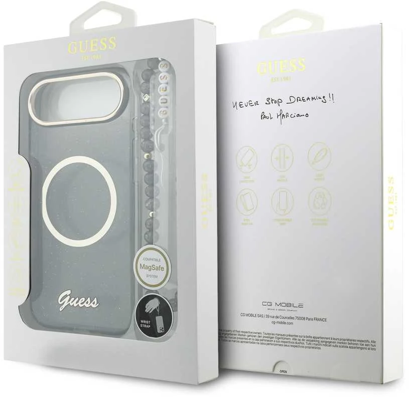 Guess IML Glitter Script Strap MagSafe dėklas skirtas iPhone Air Juodas
