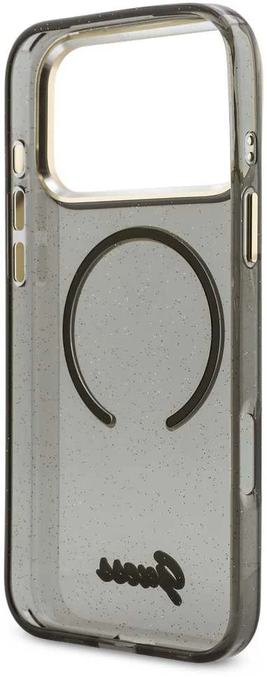 Guess IML Glitter Script Strap MagSafe dėklas skirtas iPhone 17 Pro Max Juodas