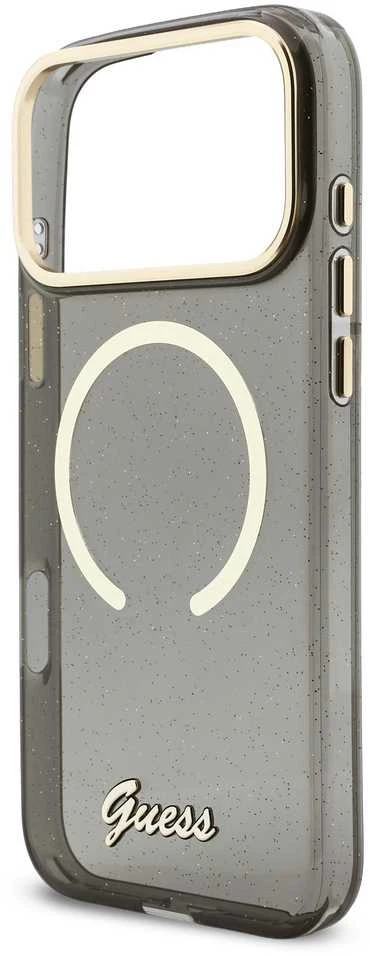 Guess IML Glitter Script Strap MagSafe dėklas skirtas iPhone 17 Pro Max Juodas