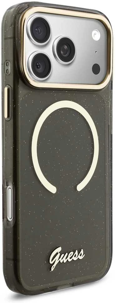 Guess IML Glitter Script Strap MagSafe dėklas skirtas iPhone 17 Pro Max Juodas