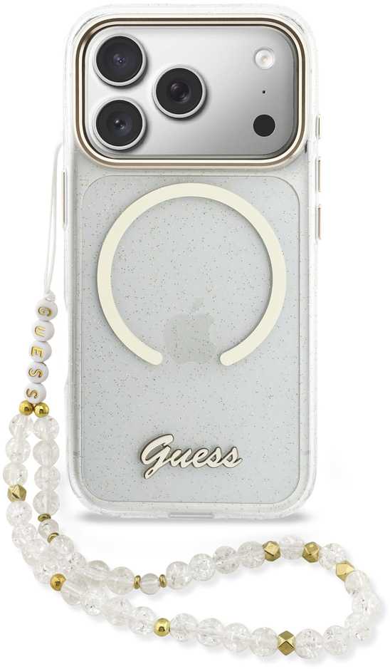 Guess IML Glitter Script Strap MagSafe dėklas skirtas iPhone 17 Pro Max Transparent