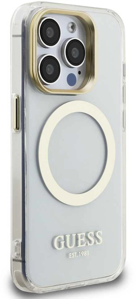 Guess IML Gold Outline Stand Camera Frame MagSafe dėklas skirtas Apple iPhone 15 Pro skaidrus