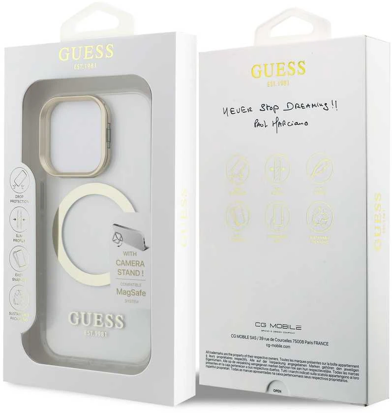 Guess IML Gold Outline Stand Camera Frame MagSafe dėklas skirtas Apple iPhone 15 Pro skaidrus