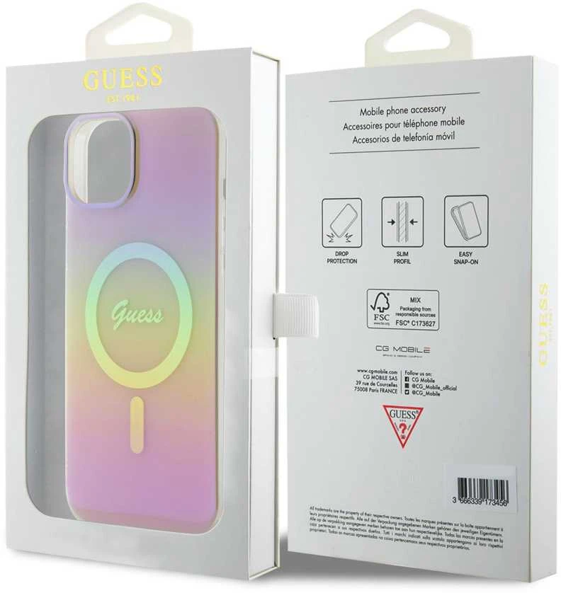 „Guess IML Iridescent MagSafe“ dėklas – Apple iPhone 15 dėklas, rausvas