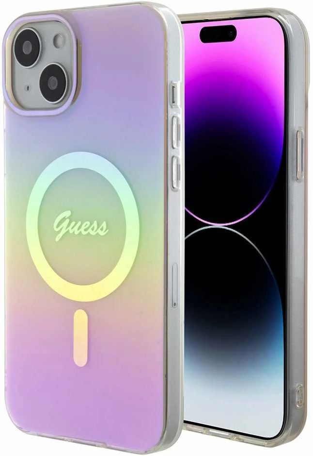 „Guess IML Iridescent MagSafe“ dėklas – Apple iPhone 15 dėklas, rausvas