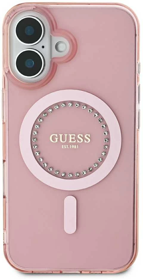 Guess GUHMP16SPFTDTEP Apple iPhone 16 6.1″ rožinės spalvos kietas dėklas IML Rhinestones MagSafe