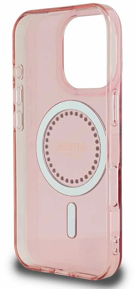 Guess GUHMP16LPFTDTEP Apple iPhone 16 Pro 6.3″ rožinės spalvos kietas dėklas IML Rhinestones MagSafe