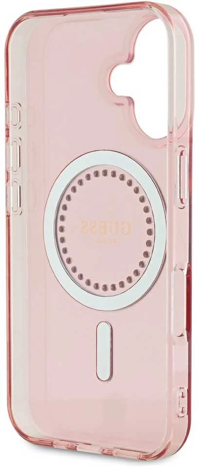 Guess GUHMP16SPFTDTEP Apple iPhone 16 6.1″ rožinės spalvos kietas dėklas IML Rhinestones MagSafe