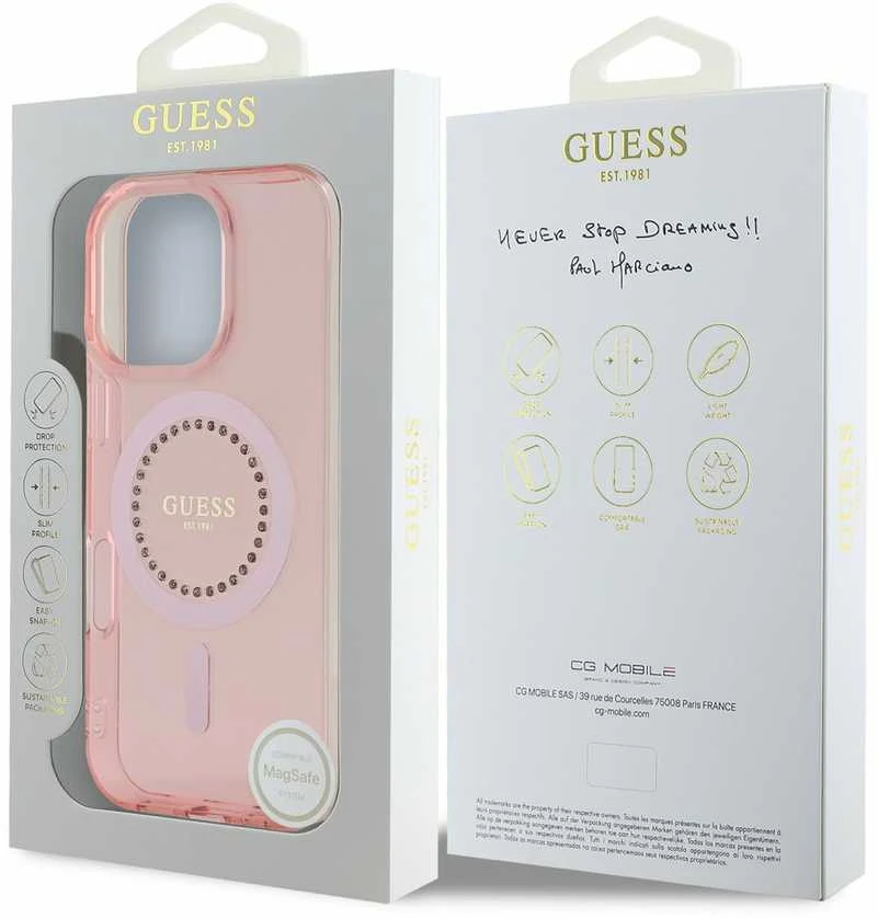 Guess GUHMP16LPFTDTEP Apple iPhone 16 Pro 6.3″ rožinės spalvos kietas dėklas IML Rhinestones MagSafe