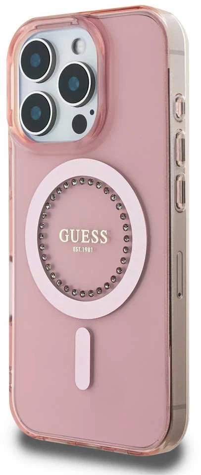 Guess GUHMP16LPFTDTEP Apple iPhone 16 Pro 6.3″ rožinės spalvos kietas dėklas IML Rhinestones MagSafe