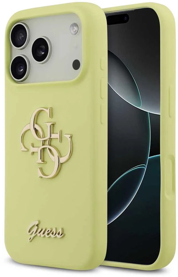 Dėklas Guess Liquid Silicone 4G Metal Logo Case for Apple iPhone 17 Pro geltonos spalvos