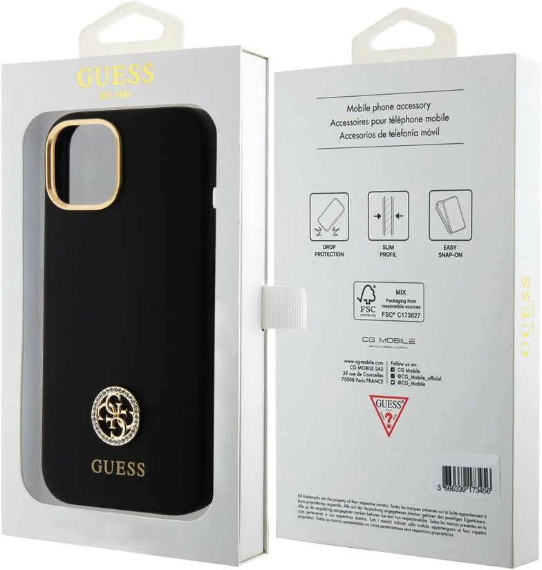 Guess GUHCP15SM4DGPK Apple iPhone 15 / 14 / 13 6.1″juodos spalvos kietas dėklas Silicone Logo Strass 4G