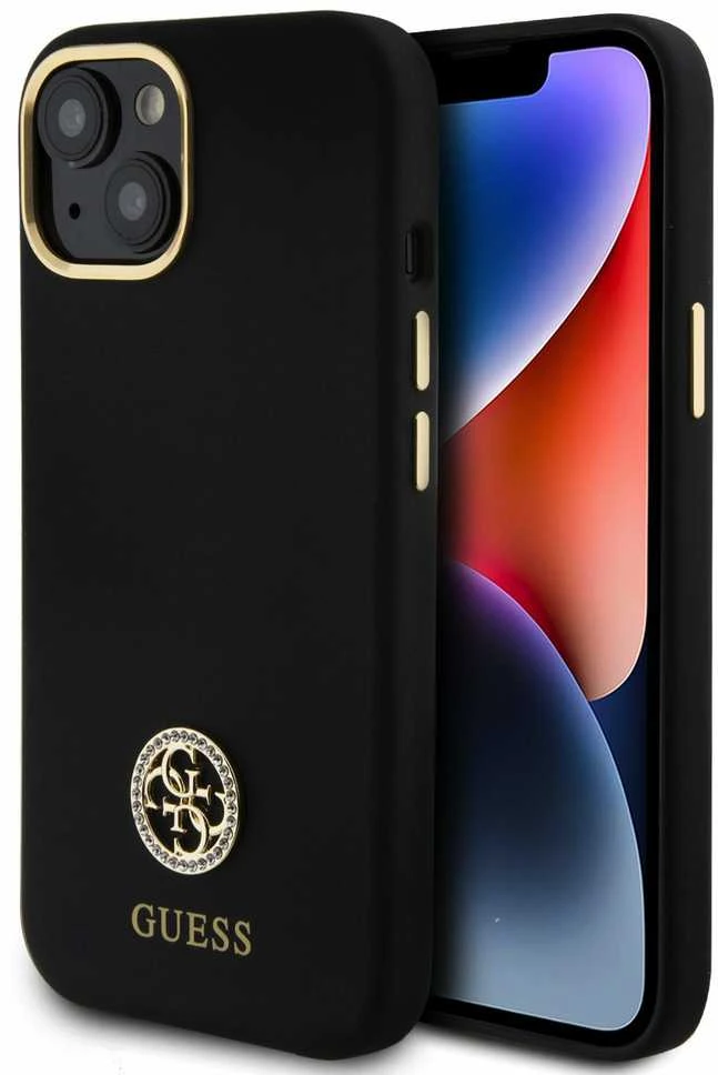 Guess GUHCP15SM4DGPK Apple iPhone 15 / 14 / 13 6.1″juodos spalvos kietas dėklas Silicone Logo Strass 4G