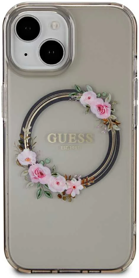 Guess IML Flowers Wreath MagSafe Apple iPhone 15 / 14 / 13 – dėklas telefonui juodos spalvos