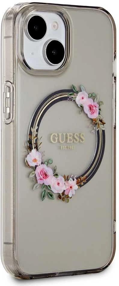 Guess IML Flowers Wreath MagSafe Apple iPhone 15 / 14 / 13 – dėklas telefonui juodos spalvos