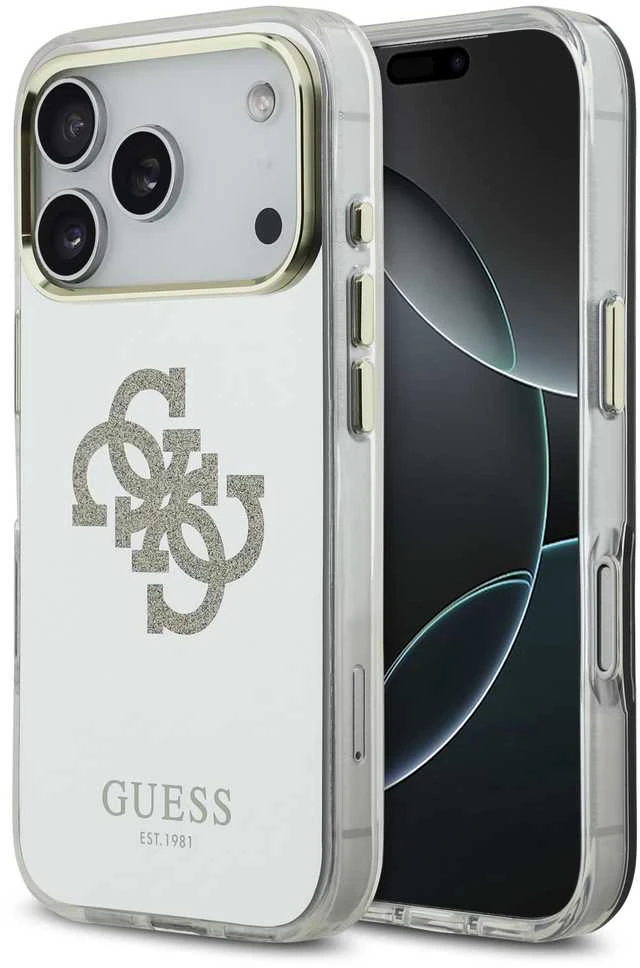 Guess PC/TPU Mirror 4G Glitter Logo MagSafe dėklas skirtas Apple iPhone 17 Pro Max Gold