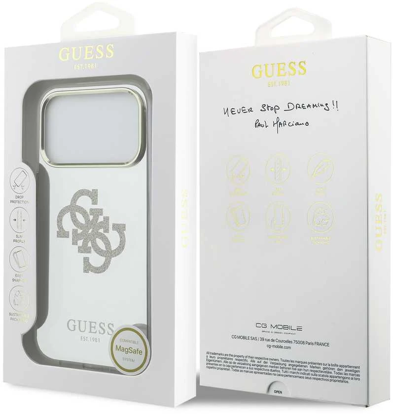 Guess PC/TPU Mirror 4G Glitter Logo MagSafe dėklas skirtas Apple iPhone 17 Pro Max Gold