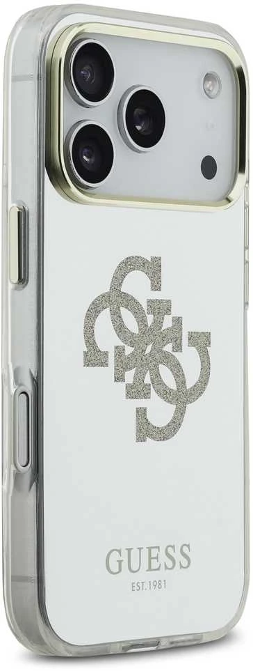 Guess PC/TPU Mirror 4G Glitter Logo MagSafe dėklas skirtas Apple iPhone 17 Pro Max Gold