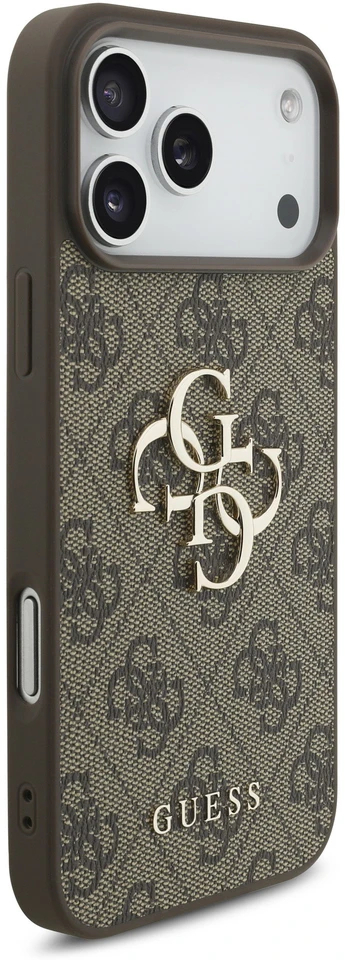 Guess PU 4G metalinis logotipo dėklas, skirtas „iPhone 18 Pro“, rudas