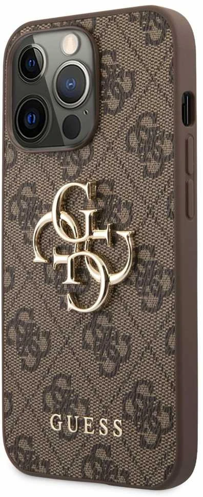 Guess PU 4G Metal Logo dėklas skirtas Apple iPhone 13 Pro Max rudos spalvos