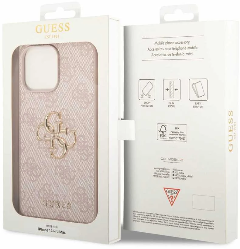 Guess GUHCP14X4GMGPI iPhone 14 Pro Max 6.7" rožinis/rožinis kietas 4G dėklas, didelis metalinis logotipas