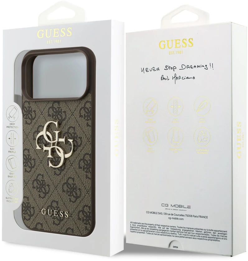 Guess PU 4G metalinis logotipo dėklas, skirtas „iPhone 18 Pro“, rudas
