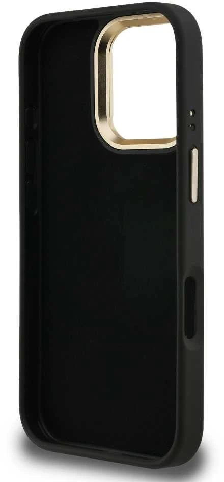 Guess PU 4G Metal Logo Stand Camera Frame dėklas skirtas Apple iPhone 16 Pro juodos spalvos