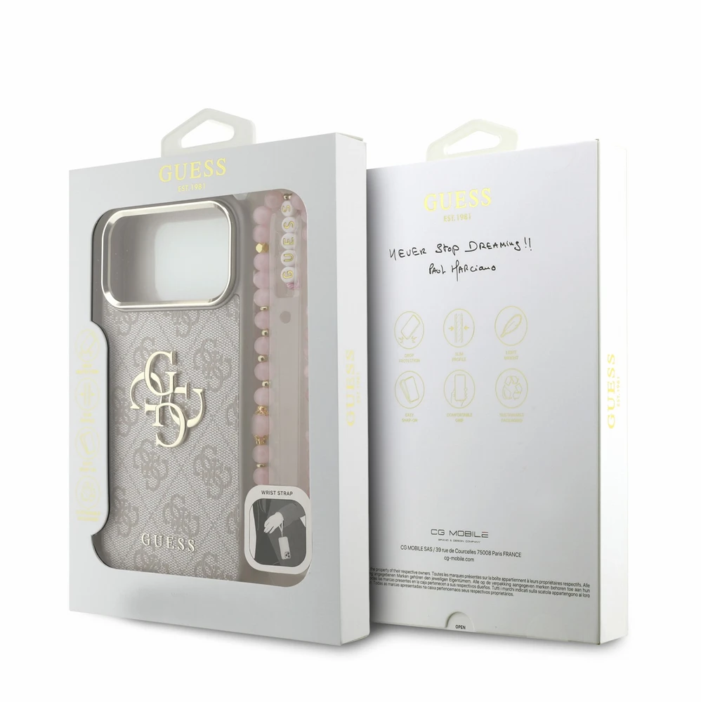 Guess PU 4G Metal Logo Dėklas su dirželiu, skirtas iPhone 18 Pro Max, Rožinė