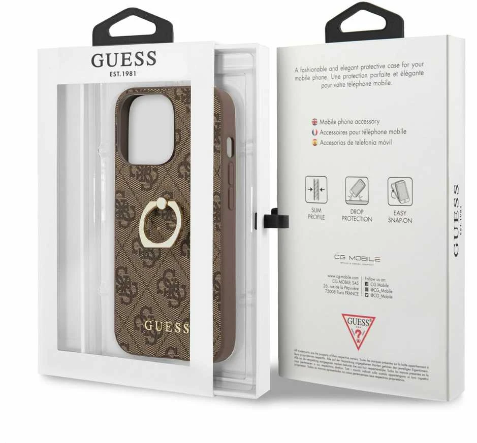 Apple iPhone 13 Pro Guess dėklas 4G with Ring Stand (GUHCP13L4GMRBR) rudos spalvos