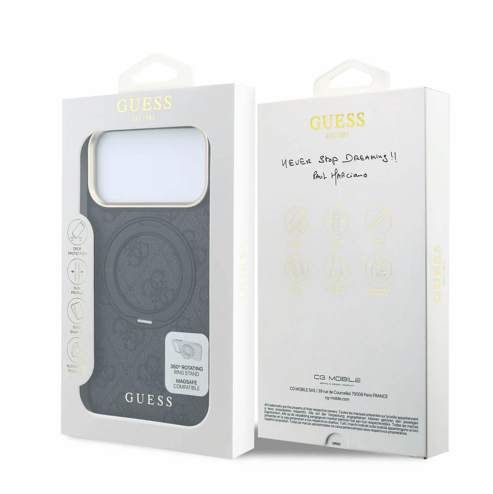 Dėklas Guess Ring Stand 360 4G Classic Logo MagSafe Case, skirta iPhone 17 Pro Max / 18 Pro Max - Juoda