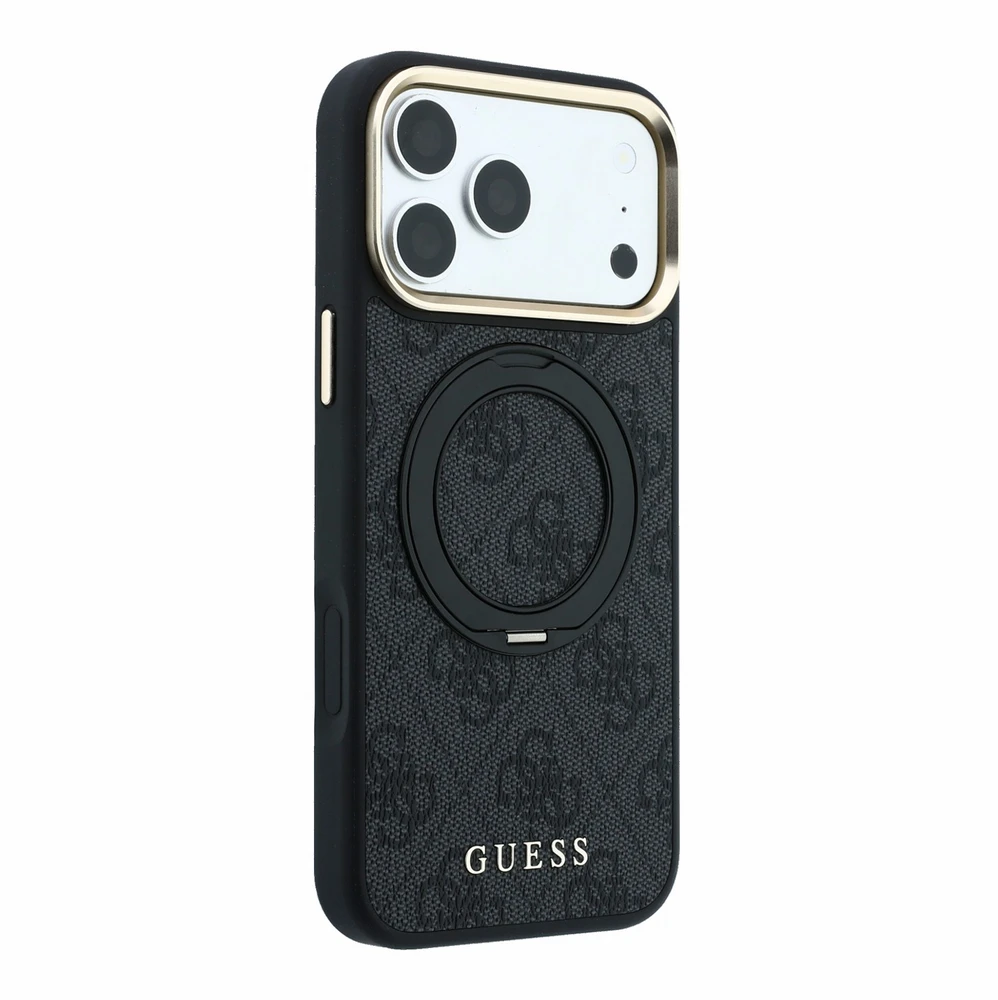 Dėklas Guess Ring Stand 360 4G Classic Logo MagSafe Case for iPhone 17 Pro / 18 Pro - Juodas