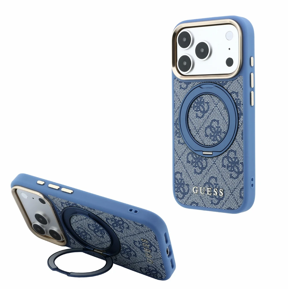 Guess PU 4G Ring Stand MagSafe dėklas skirtas iPhone 18 Pro Max Mėlyna