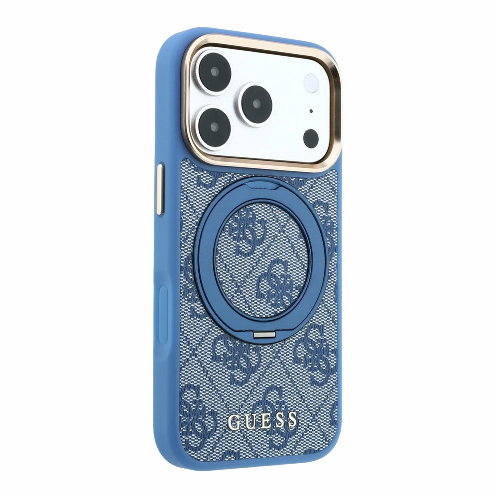 Guess PU 4G Ring Stand MagSafe dėklas skirtas iPhone 18 Pro Max Mėlyna